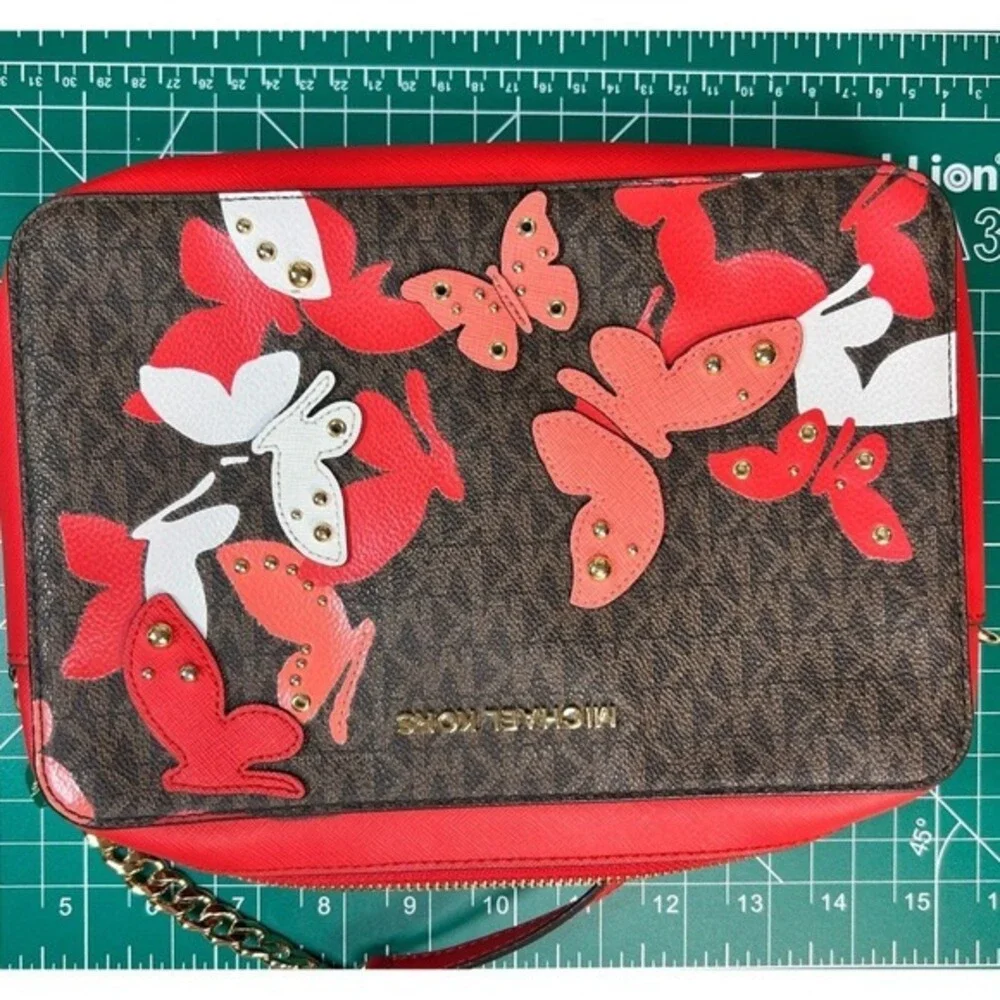 Michael Kors Med Red Leather Jet Set Crossbody Bag Butterfly Embellished Purse - Picture 11 of 11
